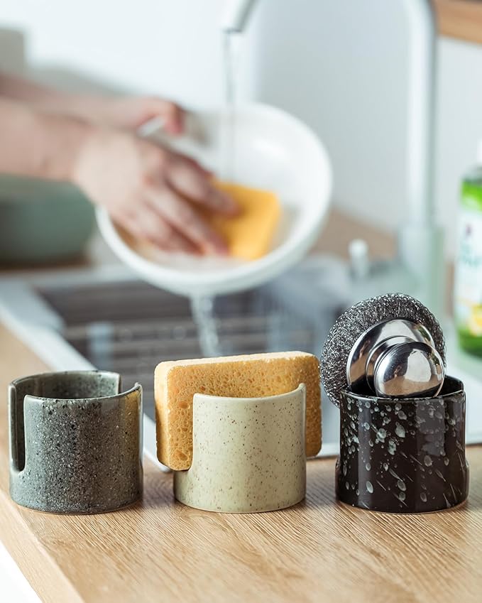 Zoeeker Sponge Holder for Kitchen, Ceramic Sink Caddy Scrub Sponge Rack Dish Rack Scrubbers Holder for Kitchen Sink, Bathroom, Black