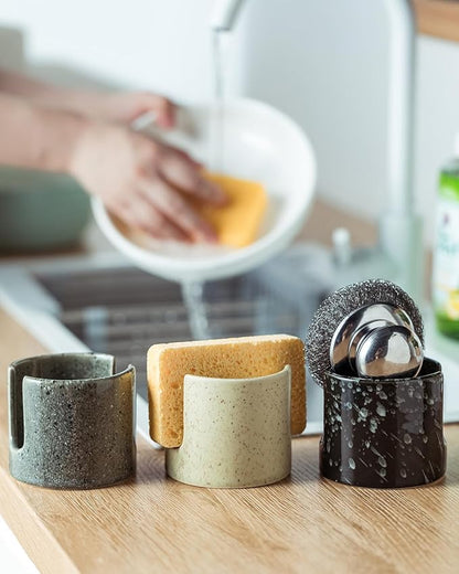 Zoeeker Sponge Holder for Kitchen, Ceramic Sink Caddy Scrub Sponge Rack Dish Rack Scrubbers Holder for Kitchen Sink, Bathroom, Black