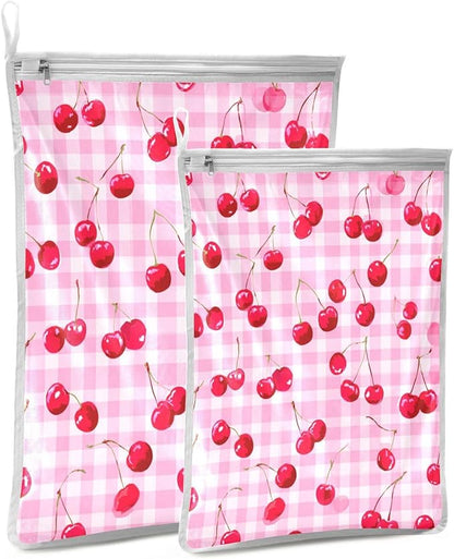 Mesh Laundry Bags Lingerie Bags for Washing Delicates 2 PCS Durable Wash Bag with Zipper Small and Medium Washable Pink Juicy Checkered Cherry