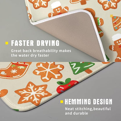 Christmas Dish Drying Mat for Kitchen Counter 16x18 Cute Gingerbread Themed Winter Xmas Holiday Absorbent Reversible Microfiber Drying Mats Kitchen Countertop Protector Dishes Drainer Rack Pad