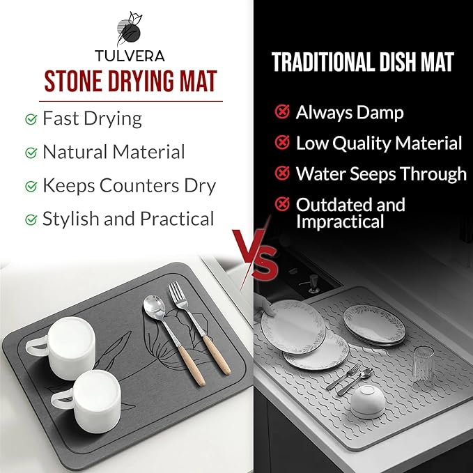Stone Dish Drying Mat for Kitchen Counter – Diatomaceous Earth Drying Mat | Fast-Absorbing, Minimalist Design, Durable Diatomite | Non-Slip, Heat Resistant, Easy-to-Clean | USA Brand | 15.7”x11.8”