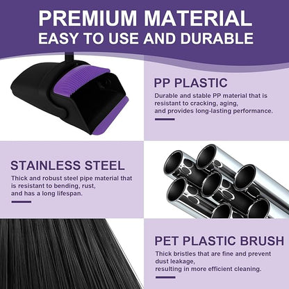 Broom with Dustpan Combo Set and Silicone Air Broom Kit, 51" Long Handle Floor Squeegee, Purple Household Kit for Glass Window Rugs Pet Hair Home