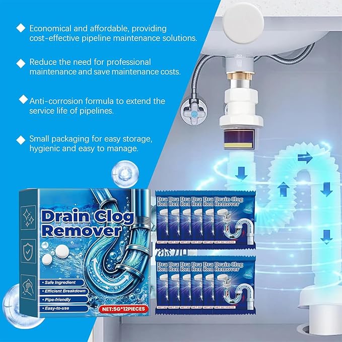 Strong Drain Effervescent Tablet, Quick-Dissolving Sink Tablets for Smell, Foaming Drain Cleaner Tablets for Garbage Disposal, Cleaner for Sewer, Toilet and Septic Tank, 12pcs/box (1box)