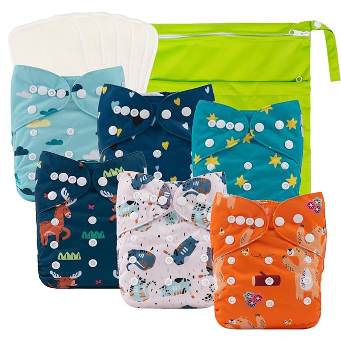 babygoal Baby Reusable Cloth Diapers 6 Pack+6pcs Rayon from Bamboo Inserts+Wet Bag, One Size Adjustable Washable Pocket Nappy Covers for Boys