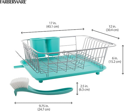 Farberware Compact Dish Drying Rack with Frost Sink Brush, Removable Drainboard and Flatware Caddy, Holds 9 Plates - Teal, Rust-Resistant for Small Kitchens