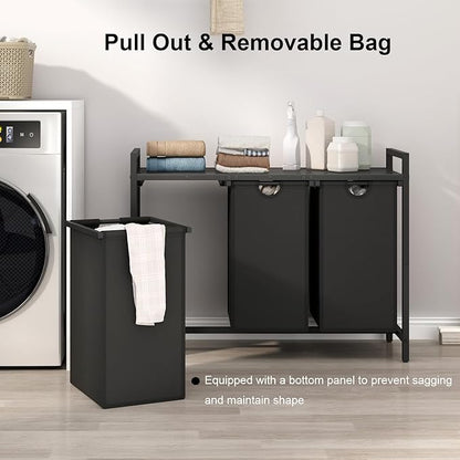 Laundry Hamper, Two -Color 3 Section Laundry Basket with 3 Removable Laundry Sorter Bags and Top Shelf, Clothes Hamper for Laundry Room, Bathroom