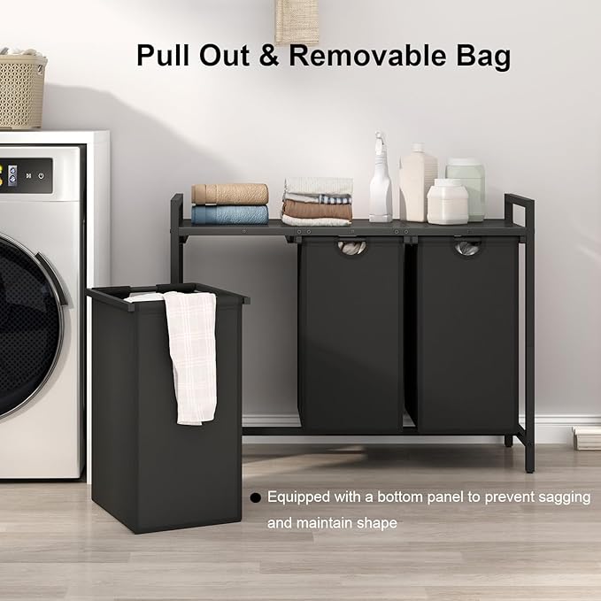 Laundry Hamper, Two -Color 3 Section Laundry Basket with 3 Removable Laundry Sorter Bags and Top Shelf, Clothes Hamper for Laundry Room, Bathroom