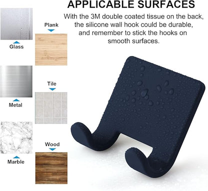 VANZAVANZU Razor Shaver Holder for Shower Wall Adhesive Hooks for Hanging, Bathroom Silicone Waterproof Shower Hooks Hair Brush Holder for Towel (2 Pack-White+Navy Blue)