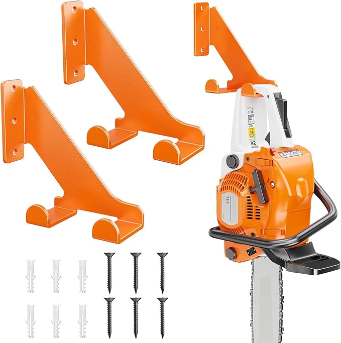 POKIPO Chainsaw Hanger, 2 Pack Chainsaw Holder Wall Mount Heavy Duty Metal Chainsaw Chain Hook Storage Loads 70 lbs Accessories Chainsaw Rack Organizer Save Space for Garden, Garage, Workshop