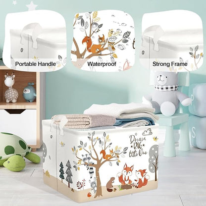 Forest Animals Laundry Hamper Woodland Tree Large Storage Basket Parents Organizer Kids Clothes Toy Bins for Bedroom, Bathroom, Fox, 36L