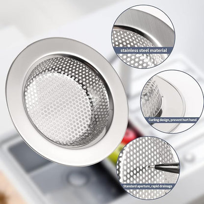 RQYEKDO Polished Kitchen Sink Strainers Sink Stopper Kits, Stainless Steel Sink Drain Strainer Set,Large Wide Rim 4.4" Diameter Food Catcher Garbage Disposal Plug for Most Sink Drains Basket Filter