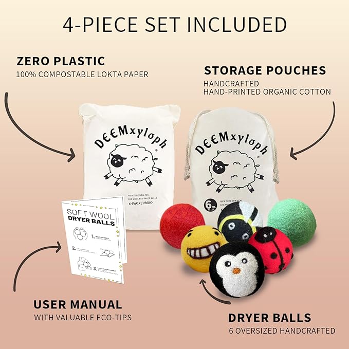 Bumblebee Wool Dryer Balls 6-Pack,Natural Fabric Softener Replacement, Vibrant Multi-Tone Design, Year-Round Static Control - Shorten Dryer Time for Kids' Clothes, Blankets & Delicates