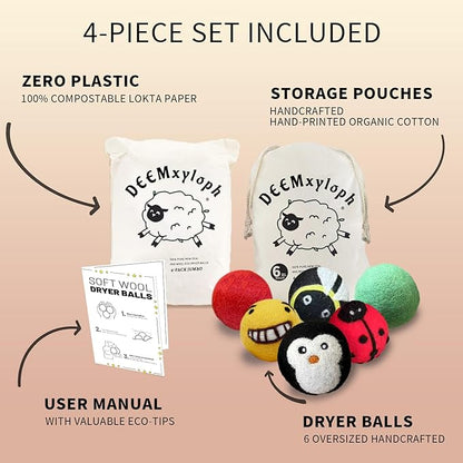 Bumblebee Wool Dryer Balls 6-Pack,Natural Fabric Softener Replacement, Vibrant Multi-Tone Design, Year-Round Static Control - Shorten Dryer Time for Kids' Clothes, Blankets & Delicates