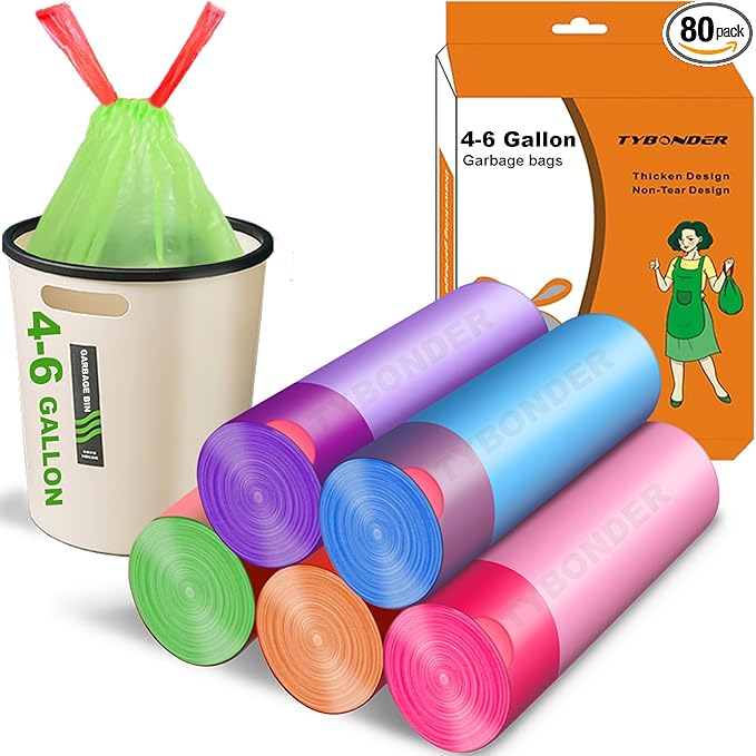 Small Trash Bags 4-6 Gallon,Extra Thick & Strong 4 Gallon Garbage Bags 5 Gallon Drawstring Trash Bags Unscented Waste Basket Liners for Kitchen,Bathroom,Office(80 Counts)