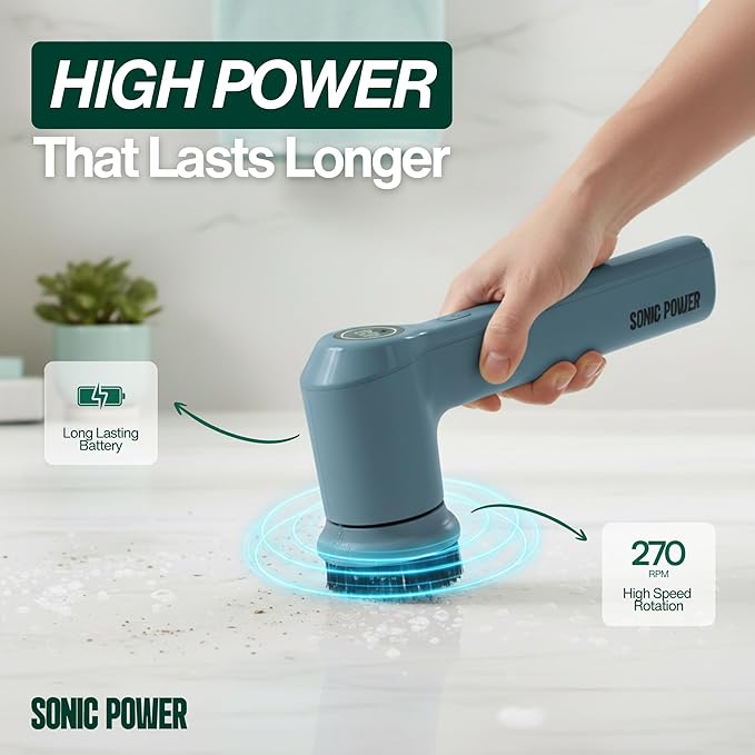 Electric Spin Scrubber – Handheld & Ergonomic, IPX7 Waterproof, 4 Multi-Purpose Brush Heads, Long-Lasting Rechargeable Battery – Cleans Dishes, Bathroom, Tile, Grout & Kitchen (Steel Blue)