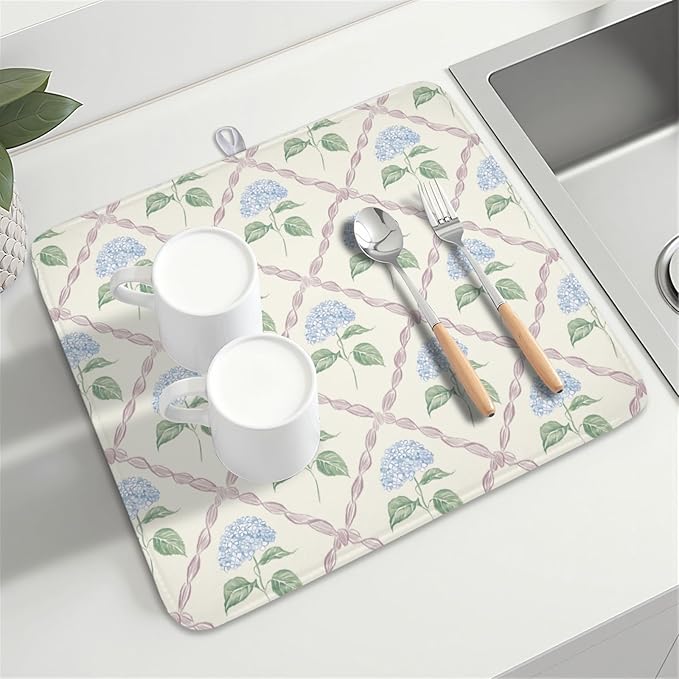 Hydrangea Floral Dish Drying Mat for Kitchen Counter Watercolor Blue and Pink Flower Drying Mat 16x18 Inch Rustic Elegant Absorbent Dish Drainer Mat Kitchen Accessories