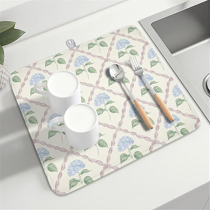 Hydrangea Floral Dish Drying Mat for Kitchen Counter Watercolor Blue and Pink Flower Drying Mat 16x18 Inch Rustic Elegant Absorbent Dish Drainer Mat Kitchen Accessories