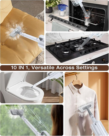 10-in-1 Steam Mop with Detachable Handheld Steamer, 350ml Tank, 10s Heat-Up, 248°F Steam Cleaner, 3-Level Control and Swivel Head for Floors, Carpets, Tiles, BBQ grill Multi-Surface Clean White