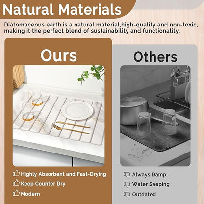 Large Stone Dish Drying Mat for Kitchen Counter,Quick Dry Stone Dishes Mats,Marbled Water Absorbing Diatomaceous Earth Drying Pad for Countertop Bottles Utensils Cups(Yellow White 24"x16"&8"x4")