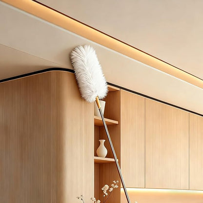 White Lambswool Extendable Duster, 32-98 Inch Bendable Wool Head with Anti-Static Properties and Stainless Steel Extension Pole for Ceiling Fans, High Walls, and Roof Dusting(one Pack)