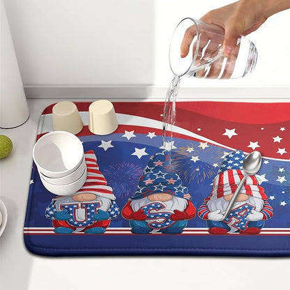 Kawani 4th of July Dish Drying Mat 16x18 Inch Spring Summer Patrioti Gnome Memorial Kitchen Mats Independece Day Absorbent Dishes Pad for Kitchen Counter Usa Stars Drying Mat Home Decor Countertops