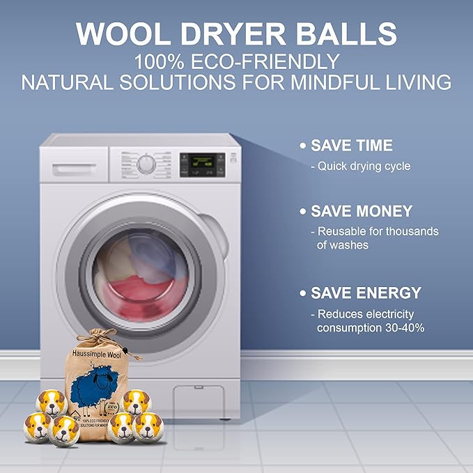 Wool Dryer Balls Organic Felt Laundry Fabric Softener XL Reusable Handmade Natural New Zealand Sheep Wool Lint Wrinkle Free Anti Static Clothes 6-Pack (Yellow Dog)