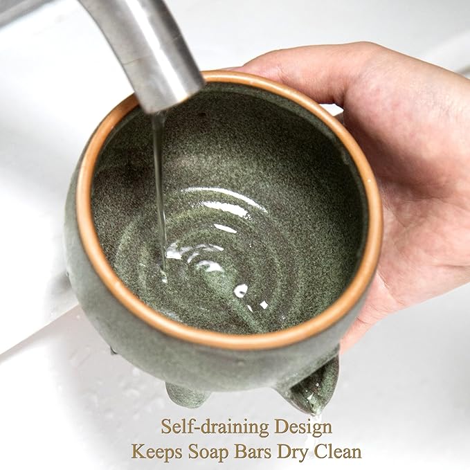 Soap Dish with Drainage，Ceramic Self Draining bar Soap Holder for Shower，Bathroom，Sink，Kitchen and Countertop，Keeps Bars Dry& Lasts Longer，Avocado Green