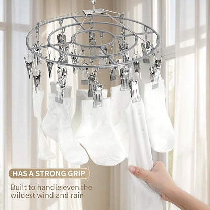 PHYDELU Drying Rack Clothing with 24 Clips，Sock Hanger for Drying，Hanging Clothes Dryer Underwear Hangers Racks Laundry Herb Socks Panty Wet Bra Lingerie Baby Delicates Foldable Small Indoor Metal