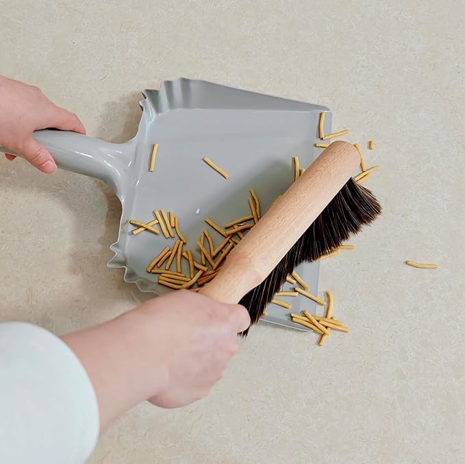 Metal Dust Pan and Brush Set Soft Bristle Wooden Broom Heavy Duty for Fireplace, Garage, Workshop