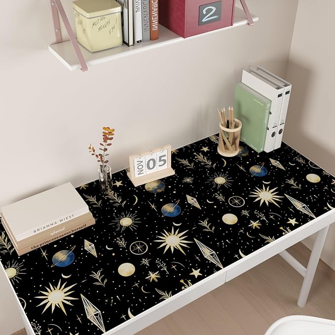 Extra Long Starry Night Black Wallpaper Peelable, 17.5" x 393" Vintage Black Gold Moon Stars Self-Adhesive Vinyl Contact Paper for Kids Bedroom, Living Room, Removable Celestial Wall Decor