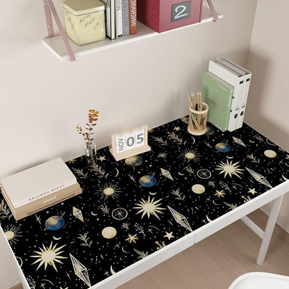 Extra Long Starry Night Black Wallpaper Peelable, 17.5" x 393" Vintage Black Gold Moon Stars Self-Adhesive Vinyl Contact Paper for Kids Bedroom, Living Room, Removable Celestial Wall Decor