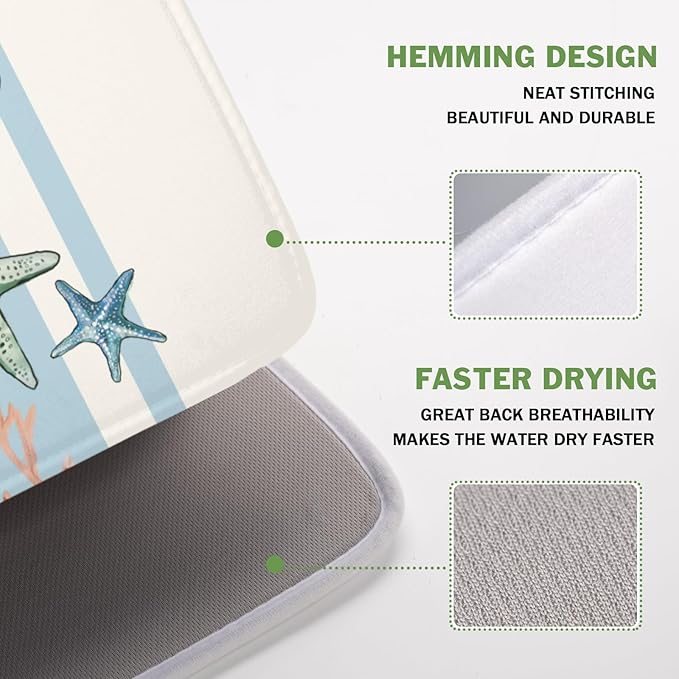 Summer Sea Shell Drying Mat 18x16 Inch, Starfish Drying Mat with Absorbent Reversible Microfiber, Coastal Dish Drainer Mats Holiday Ocean Rack Pad for Coffee Countertop Kitchen Protector
