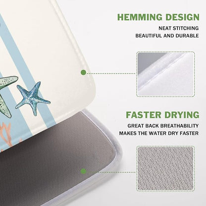 Summer Sea Shell Drying Mat 18x16 Inch, Starfish Drying Mat with Absorbent Reversible Microfiber, Coastal Dish Drainer Mats Holiday Ocean Rack Pad for Coffee Countertop Kitchen Protector
