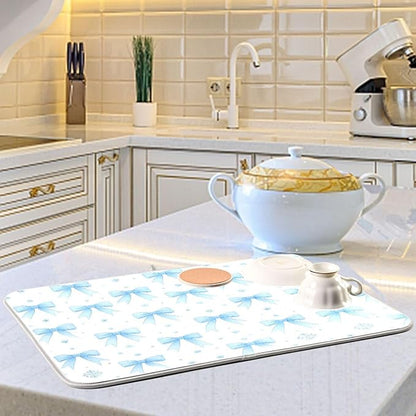 Blue Bow Ribbon Dish Drying Mat for Kitchen Countertop 16x18 Bowknot White Coquette Pattern Small Drying Mat Reusable Quick Dry Dish Sink Mats Easy Clean Decorative Essentials