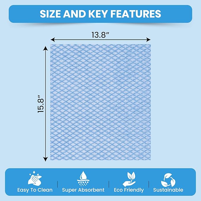 50 Count Disposable Cleaning Cloths, Blue - 13.8"x15.8" Ultra Absorbent Towels for Kitchen, Stove & Bathroom - Multi-Purpose Soft Dish Cloths