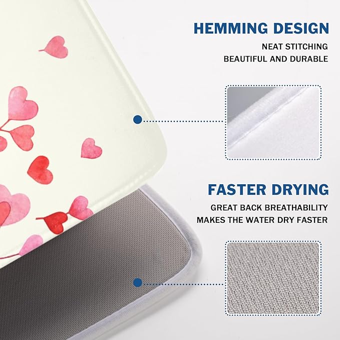 Valentine's Day Dish Drying Mat for Kitchen Counter Pink Love Heart Pattern Drying Mat 18x24 Inch Valentines Holiday Absorbent Dish Drainer Mat Kitchen Accessories
