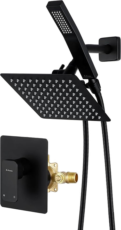 All Metal Shower Faucet Set, Dual Square Shower Head System with Handheld Wand, Diverter, Hose Complete Combo, Pressure Balance Rough-in Valve Included (Matte Black)