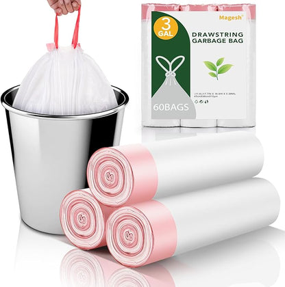 3 Gallon Small Trash-Bags Drawstring For Bathroom - White Plastic Mini Garbage Bags Unscented 60 Count 12 Liter Tiny Waste Basket Liners Kitchen Office Car Little Strong Thick Bulk Magesh