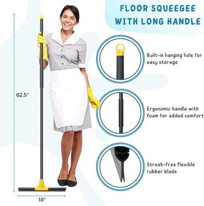 Squeegee Broom for Floor, 18'' Heavy Duty Rubber Wiper with 60'' Long Handle for Bathroom Tile, Garage Concrete, Deck, Shower Glass, Window Cleaning