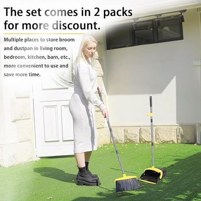 2-Pack is More economical,Brooms with Dustpan Combo Set， with 52" Long Handle, Dustpan Teeth with self-Cleaning Function, Indoor and Outdoor Sweeping, Perfect for Home Office (Large/Yellow/ 2-Pack)