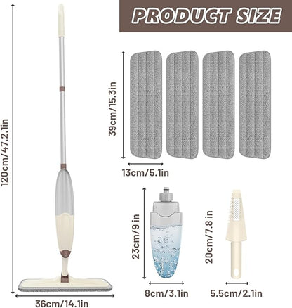 HOMTOYOU Wet Mop for Floor Cleaning: Microfiber Spray Mop with 4 Washable Pads for Cleaning Home Kitchen Multi-Surface Floors - 1Pcs 400+ML Refillable Bottle
