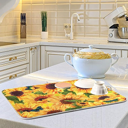Super Absorbent Dish Drying Mat, Microfiber Fast-Drying Dish Mat, 24" x 18", Kitchen Dish Drying Pad, Sunflowers And Green Blue Butterflies
