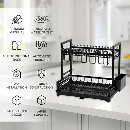 2-Tier Dish Drying Rack for Kitchen Counter, Dish Drainer Dish/Cup/Cutlery Holder Dish Drainer Rack 2 Tier Dish Racks with Utensils Holder, Drainboard & 360° Telescopic Drain Pipe (Black)