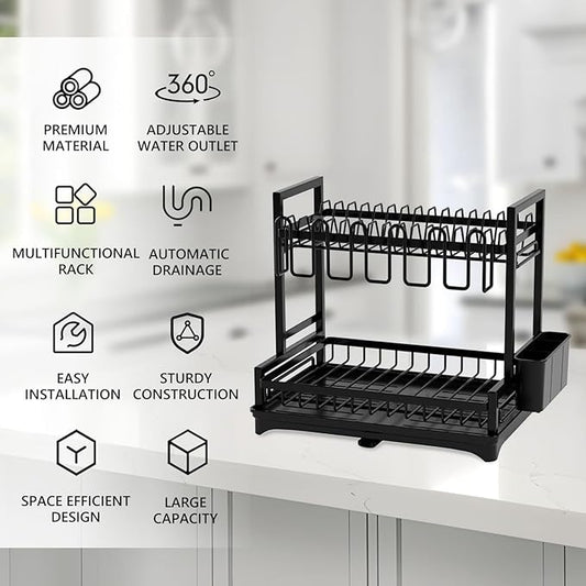2-Tier Dish Drying Rack for Kitchen Counter, Dish Drainer Dish/Cup/Cutlery Holder Dish Drainer Rack 2 Tier Dish Racks with Utensils Holder, Drainboard & 360° Telescopic Drain Pipe (Black)