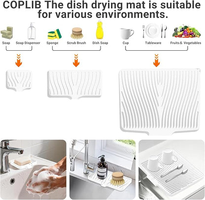 Silicone Dish Drying Mat for Kitchen Counter, Dish Drying Pad, Non-Slip Drain Pad with Built-in Drain, Heat Resistant Stone Drying Mat,Ivory-1Set-XL