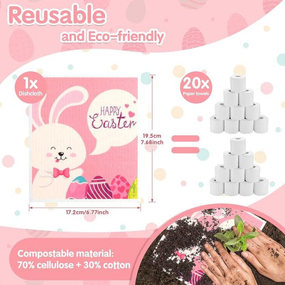 Easter Swedish Dishcloth Set of 10, Super Absorbent Swedish Kitchen Dish Cloths Reusable Paper Towels Cleaning Rags for Dishes Quick Drying, Easter Cute Bunny Rabbit Egg Prints Decorative Wipes