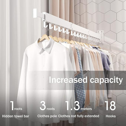 Wall Mounted Clothes Drying Rack, Collapsible, Folding, Retractable - Clothes Hanging Rack (Hooks, White)