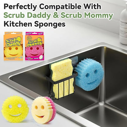 LANDNEOO [Space Saving] Sponge Holder for Kitchen Sink, Great for Scrub Daddy/Scrub Mommy Sponges, Rust-proof Sink Sponge Caddy Organizer for Dish Brush, Scrubber - with Suction Cups & Hooks, Black