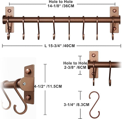 Dseap Kitchen Utensil Holder Hanger, Pot and Pan Rack Wall Mounted, Kitchen Rail with 8 Hooks for Hanging Cooking Utensils, Mugs, Spoons, Wall Mounted, Antique Copper New