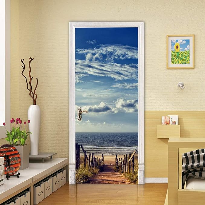 3D Door Stickers Murals Peel and Stick - Beach Road - Wallpaper Self-Adhesive Decals Removable PVC Waterproof Poster for Bedroom Living Room Decoration 30.3 x 78.7 inch